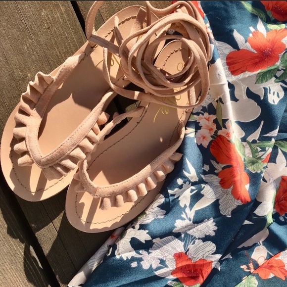 New. Nude Vegan Suede Wrap Sandal with Ruffle - Picture 3 of 7